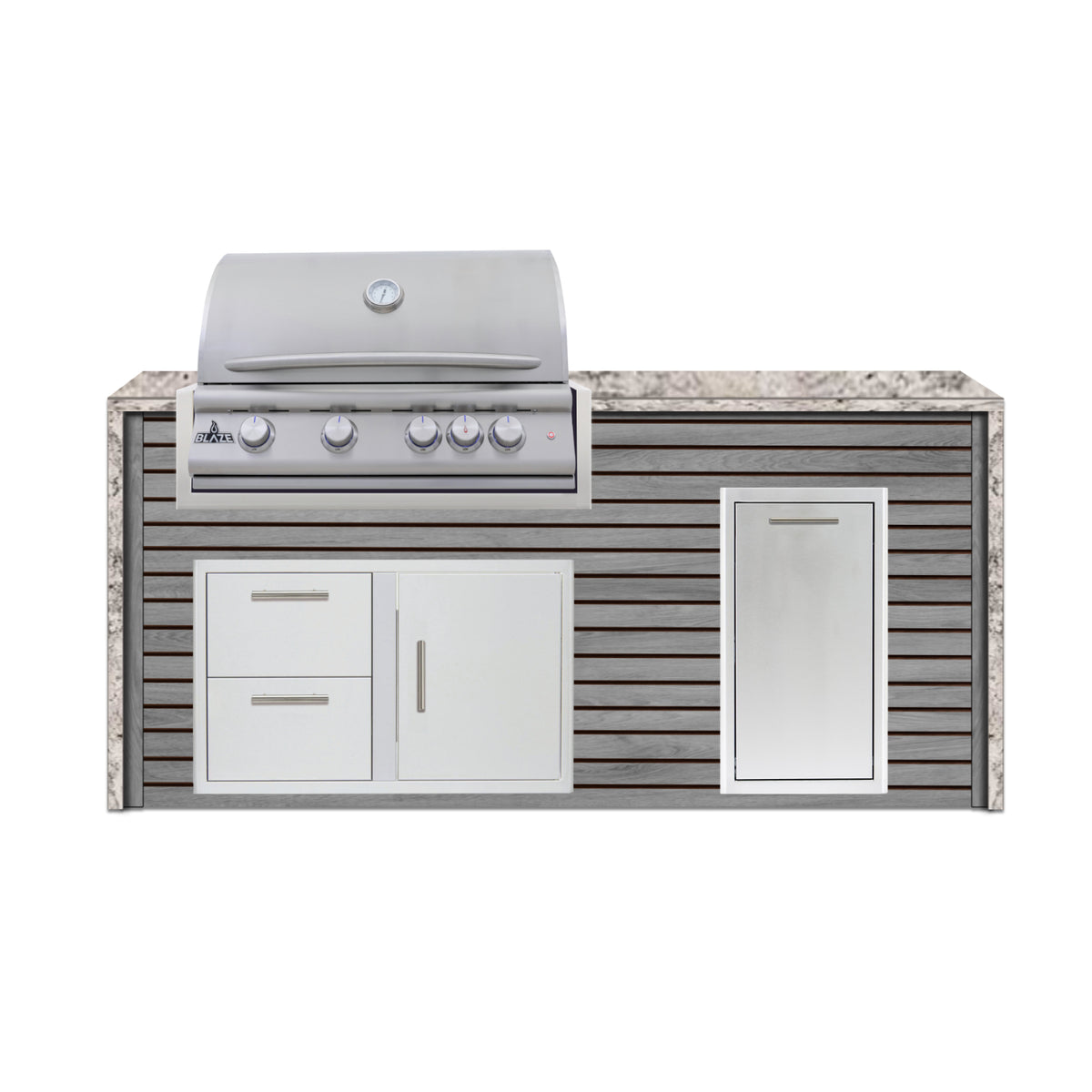 Blaze 6 ft outdoor kitchen island in Barnboard Gray ArtisanPlank with White Valley granite waterfall countertop