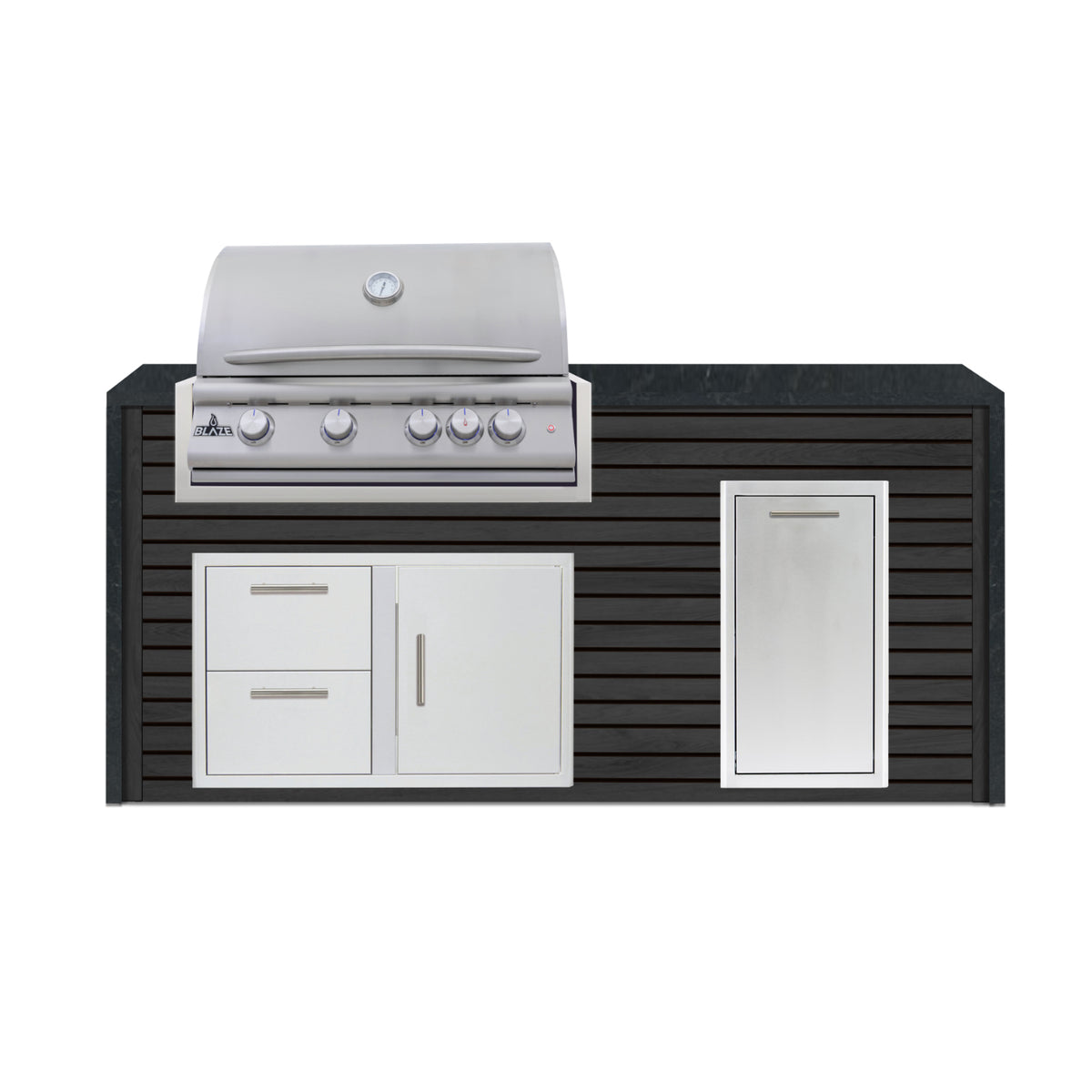 Blaze 6 ft outdoor kitchen island in Charred Black ArtisanPlank with Nero granite waterfall countertop