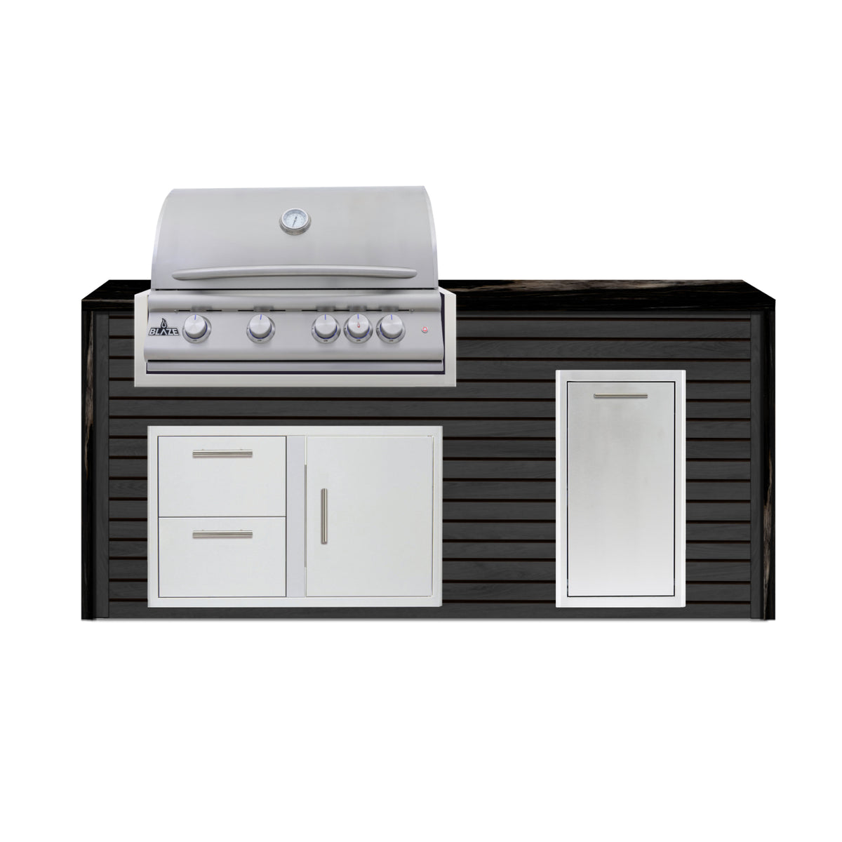 Blaze 6 ft outdoor kitchen island in Charred Black ArtisanPlank with Titanium granite waterfall countertop