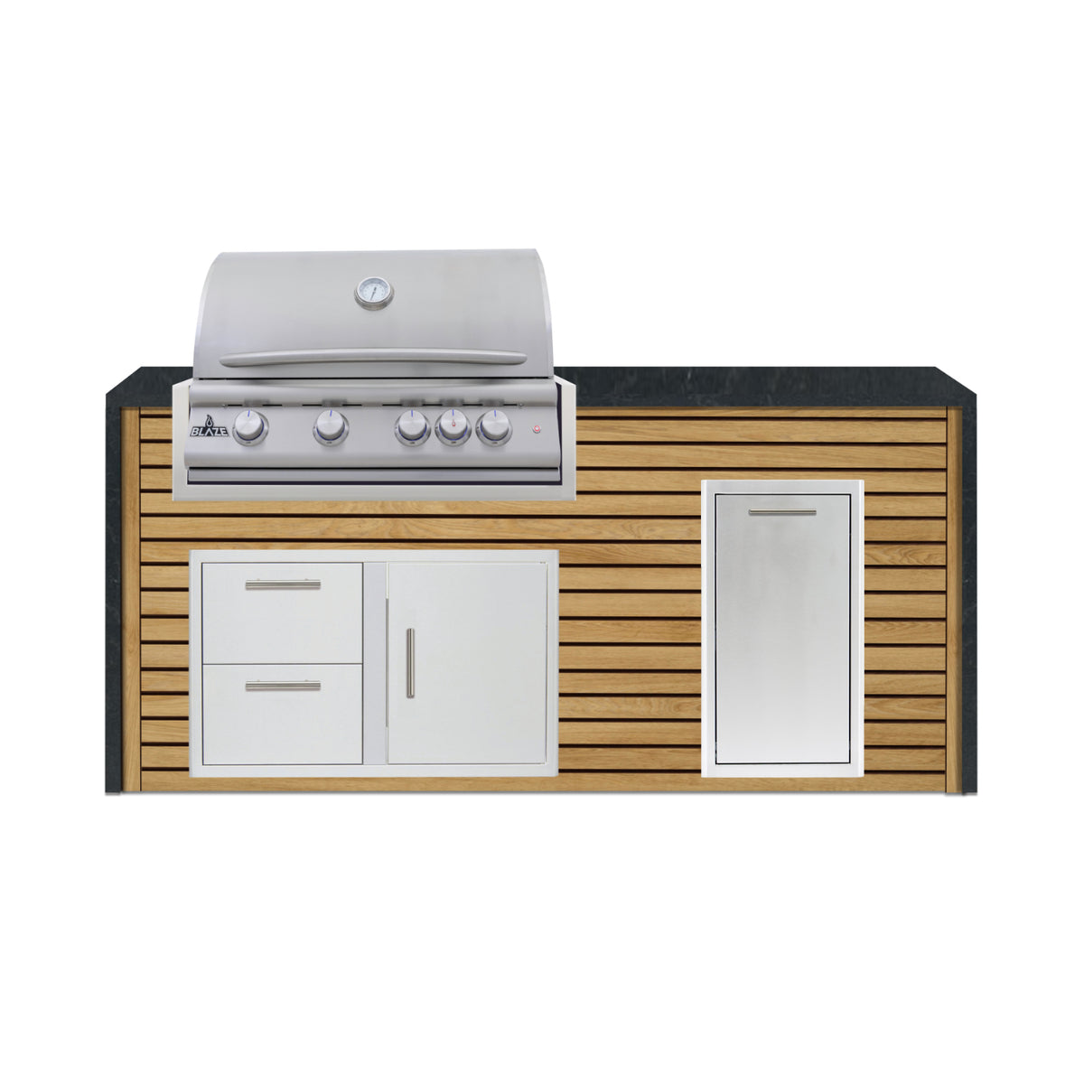 Blaze 6 ft outdoor kitchen island in Sunbleached Oak ArtisanPlank with Nero granite waterfall countertop