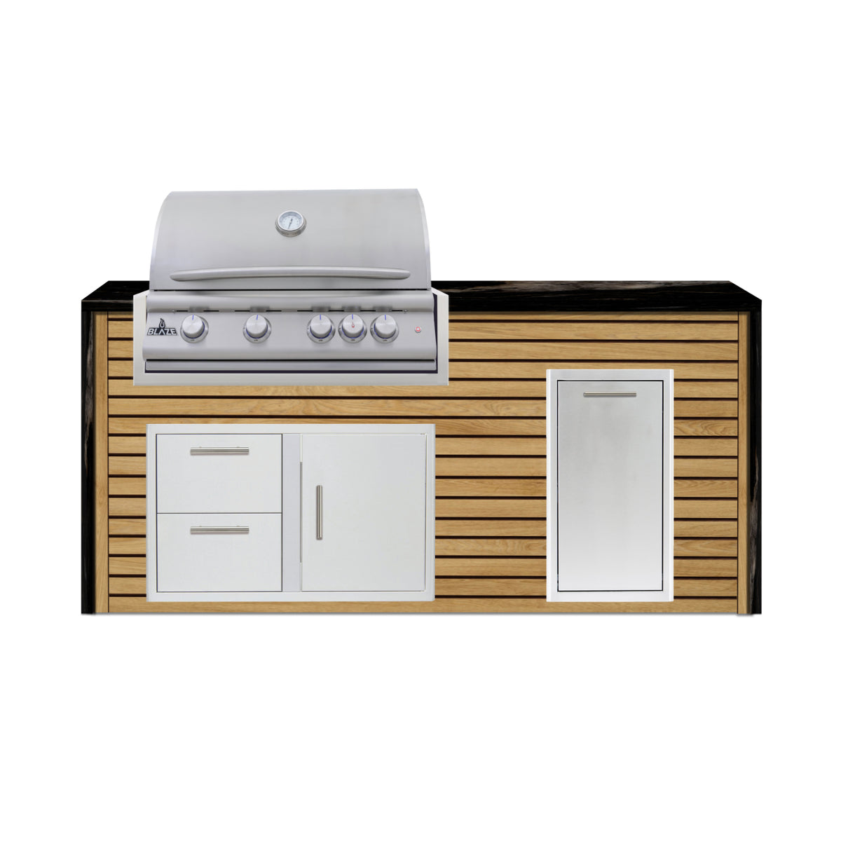 Blaze 6 ft outdoor kitchen island in Sunbleached Oak ArtisanPlank with Titanium granite waterfall countertop