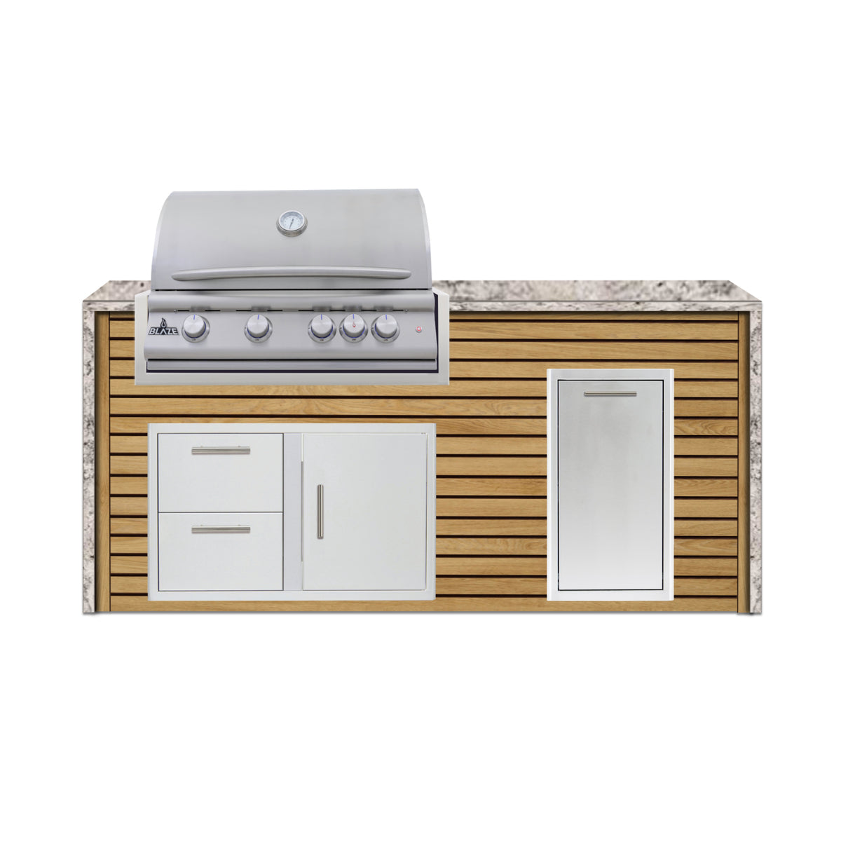 Blaze 6 ft outdoor kitchen island in Sunbleached Oak ArtisanPlank with White Valley granite waterfall countertop