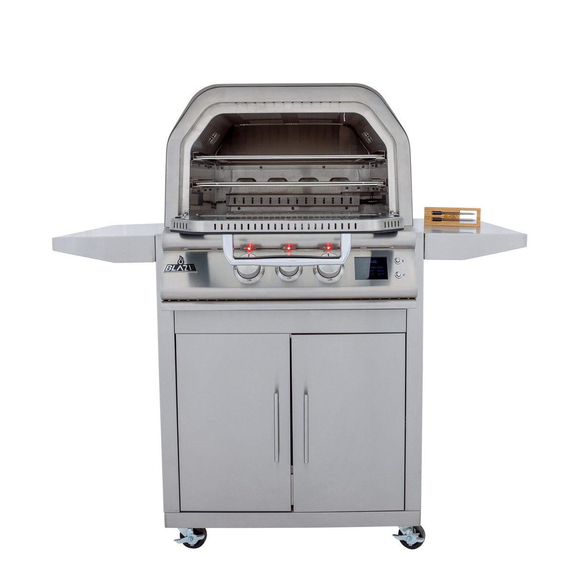 Blaze 26 inch oven with the door open, shown on the optional cart