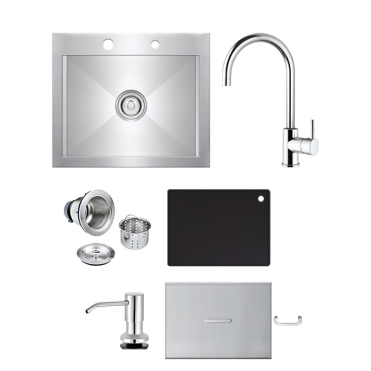 Sink, faucet, drain, cutting board, soap pump and lid that come with the 21 inch sink
