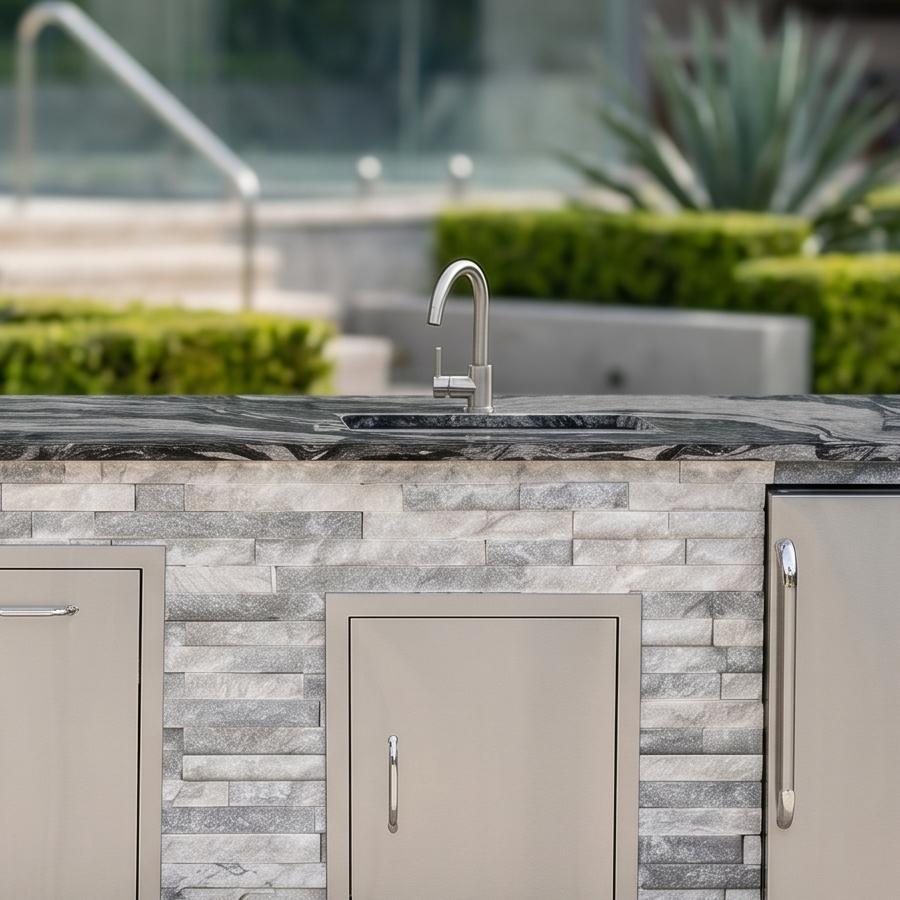 Undermount sink with a gooseneck faucet in a stone outdoor kitchen island
