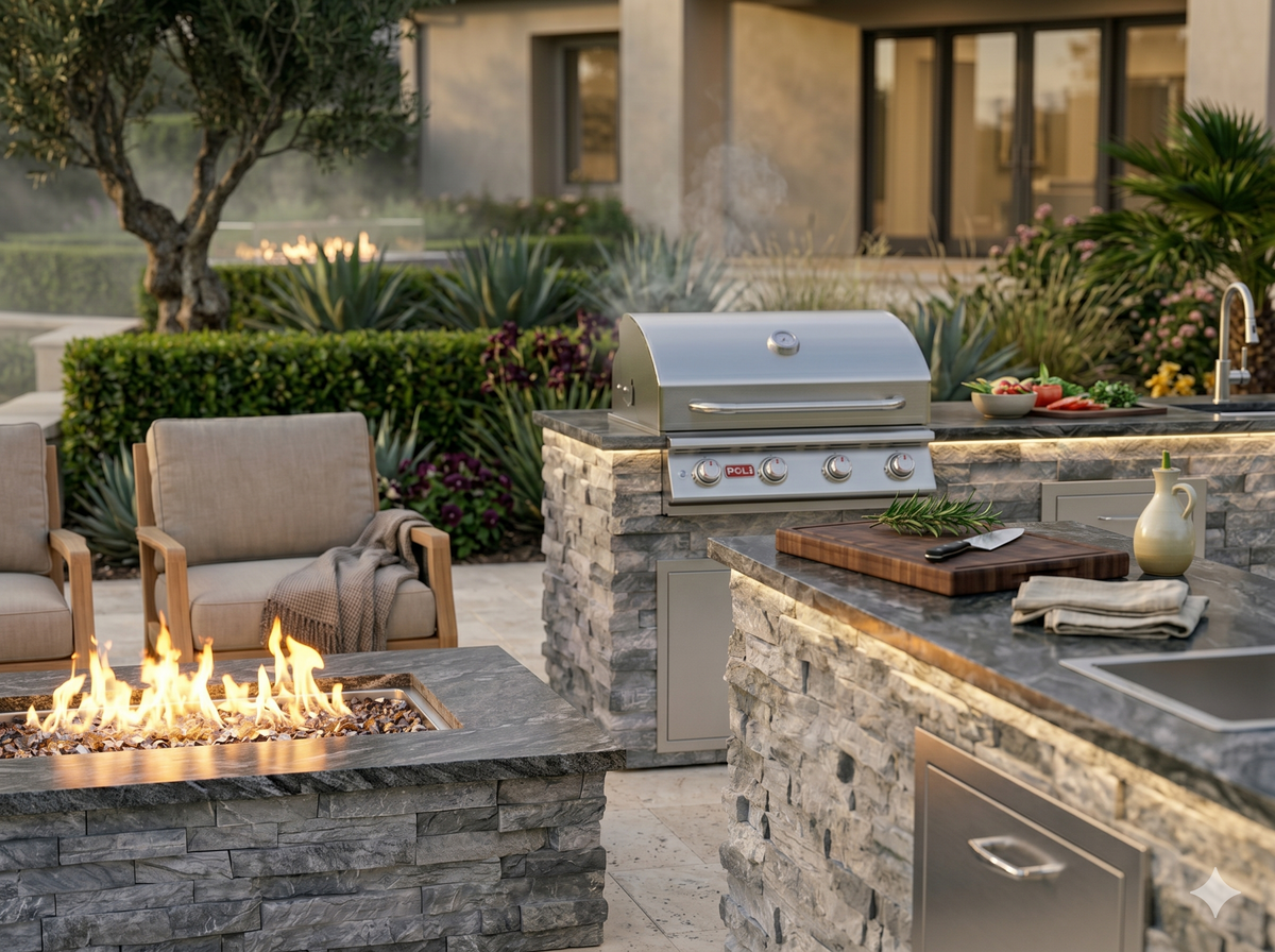 Stacked stone outdoor kitchen with a built in grill next to a fire pit