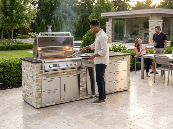 Blaze 8 ft outdoor kitchen island with 32" grill and trash drawer