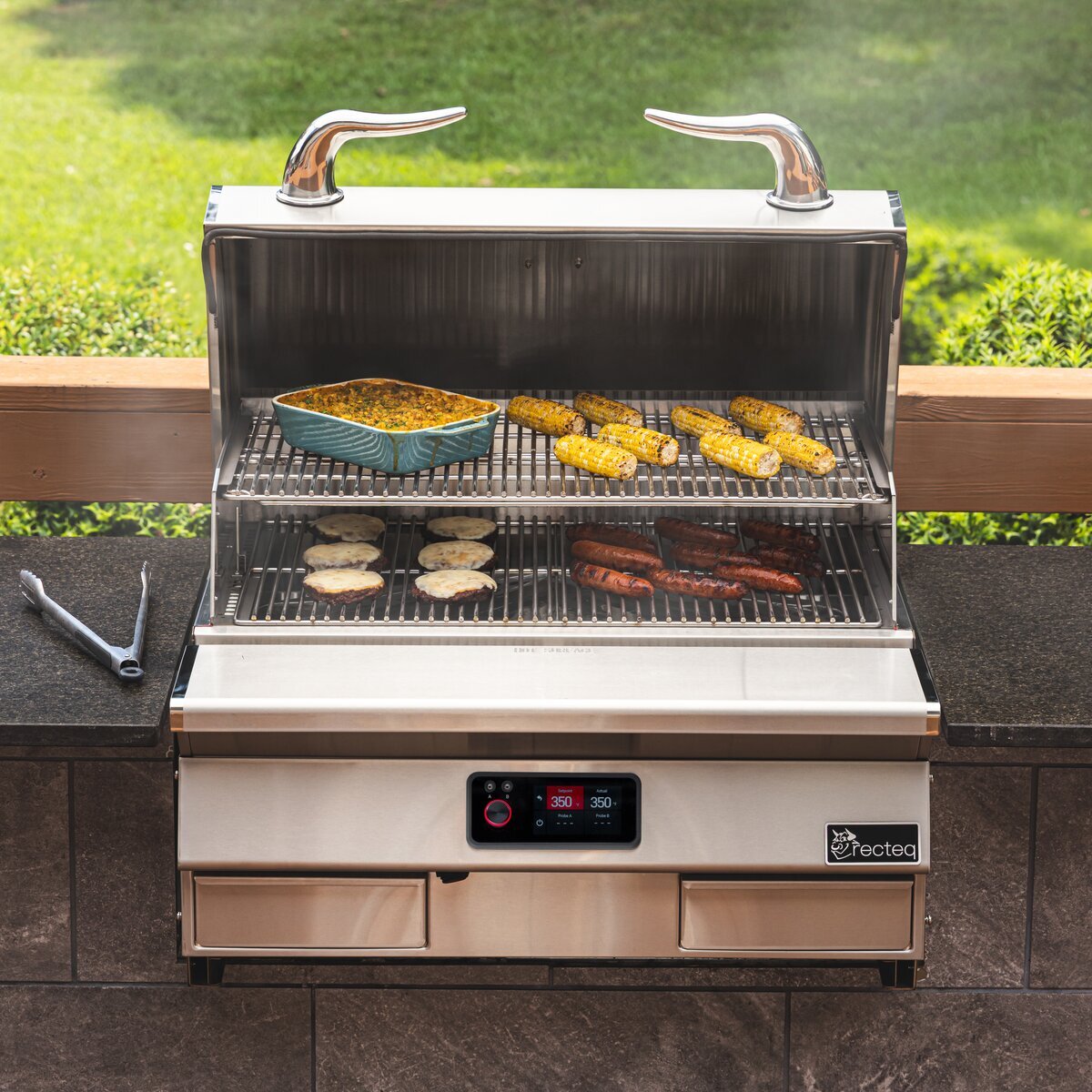 Burgers and vegetables on the recteq E-Series Built In 1300