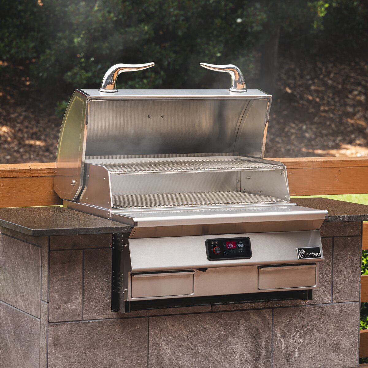 recteq E-Series Built In 1300 open in a stone outdoor kitchen