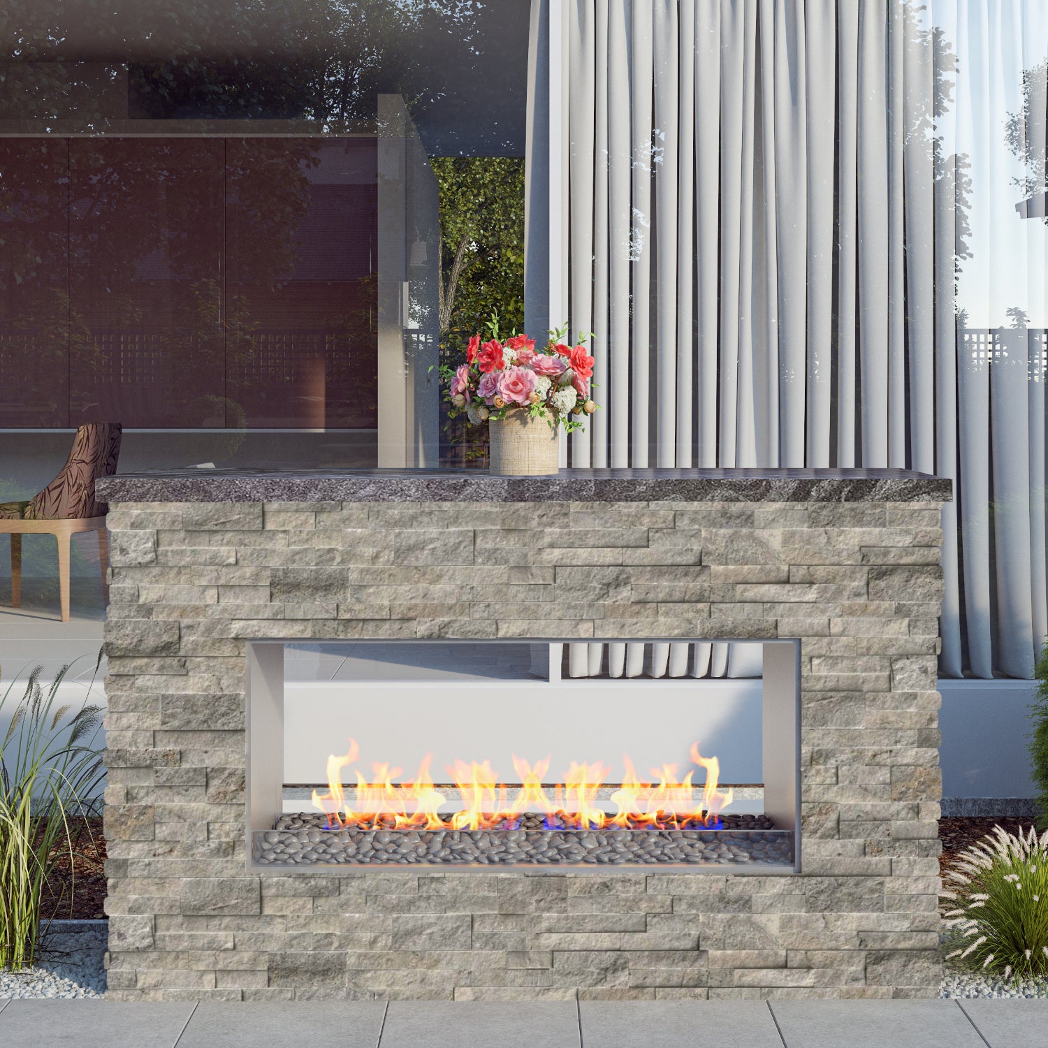 Luxury Linear Outdoor See Through Fireplace Fully Finished-BR-LF72-ST
