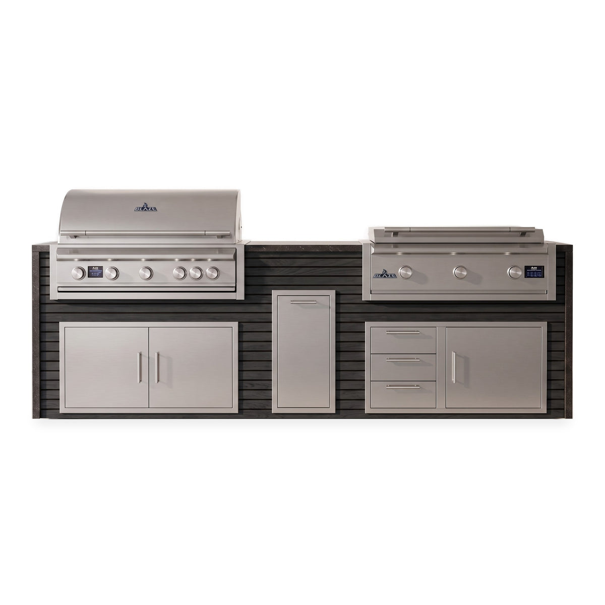 Front view of the Cindered Ash and Charred Onyx 10 ft island with Blaze grill and griddle over double doors, a trash drawer and a door and triple drawer combo