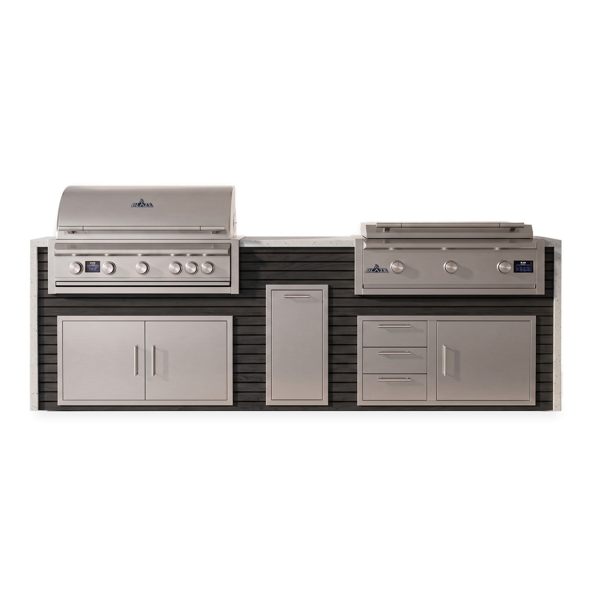 Front view of the Cindered Ash and Frosted Ember 10 ft island with Blaze grill and griddle over double doors, a trash drawer and a door and triple drawer combo