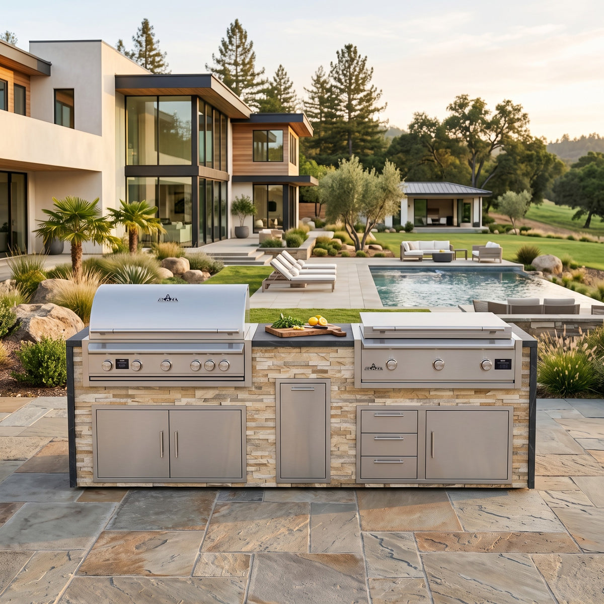 Sunkissed Dune grill and griddle island with Charred Onyx granite top on a flagstone patio below a modern home with a pool and olive trees
