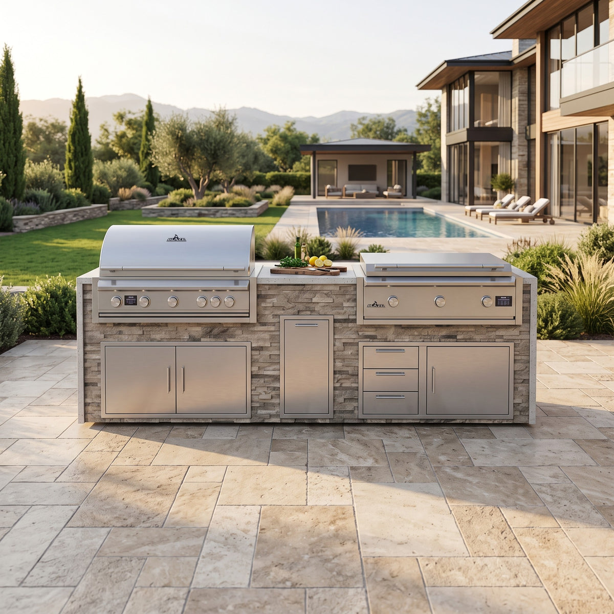 Tuscan Hearth grill and griddle island with Frosted Ember granite top on a travertine patio by a modern home with the lawn and pool beyond