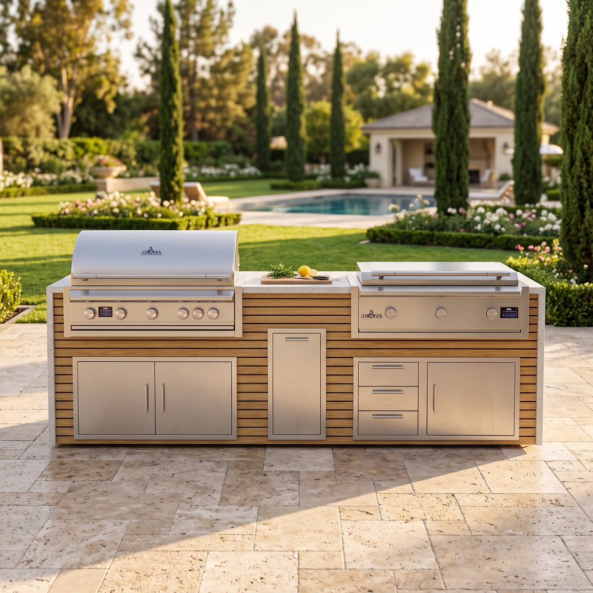 Warmed Acacia grill and griddle island with Frosted Ember granite top on a travertine patio facing a garden lawn with cypress trees, pool and pool house