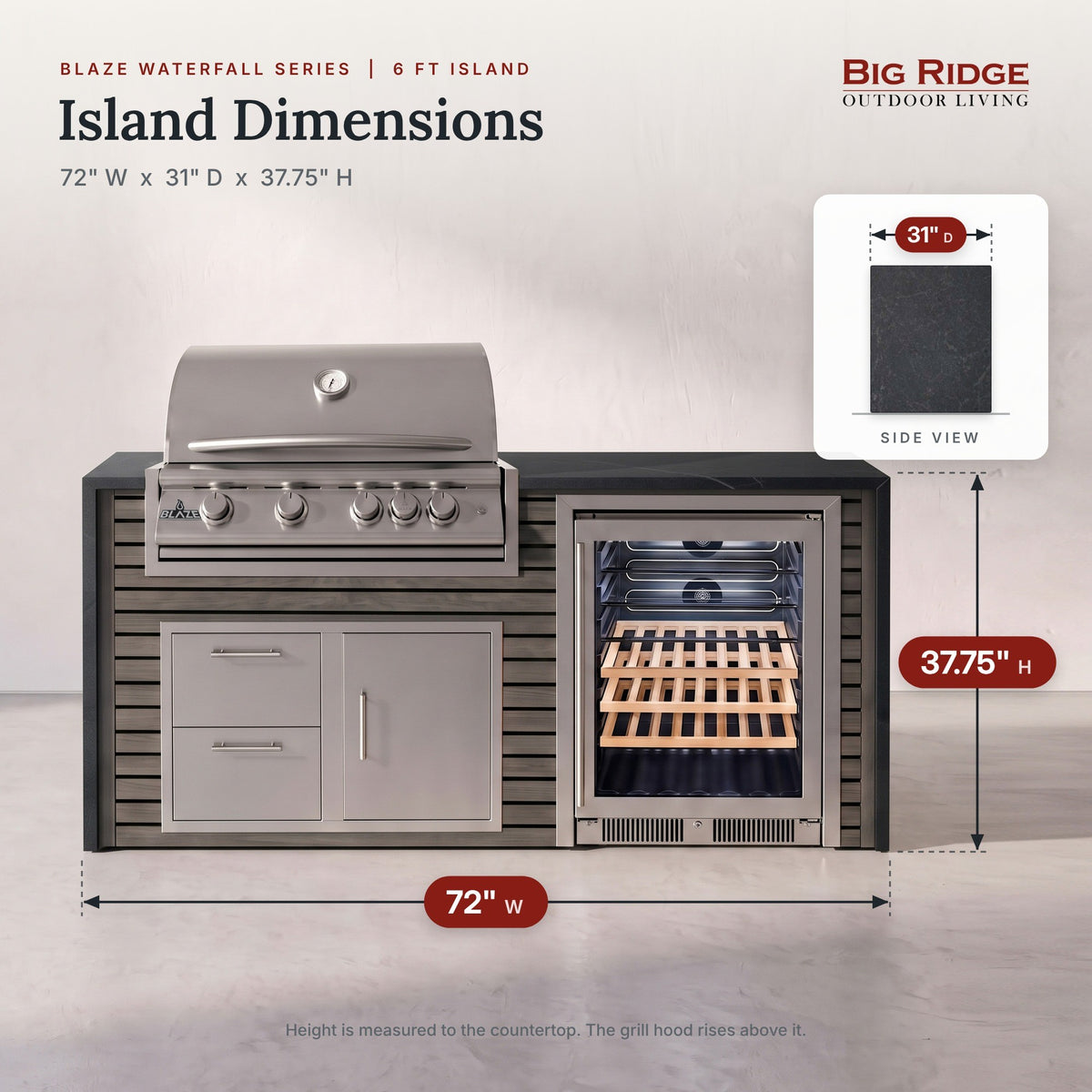 6 ft outdoor kitchen measures 72 inches wide, 31 inches deep and 37.75 inches high to the countertop