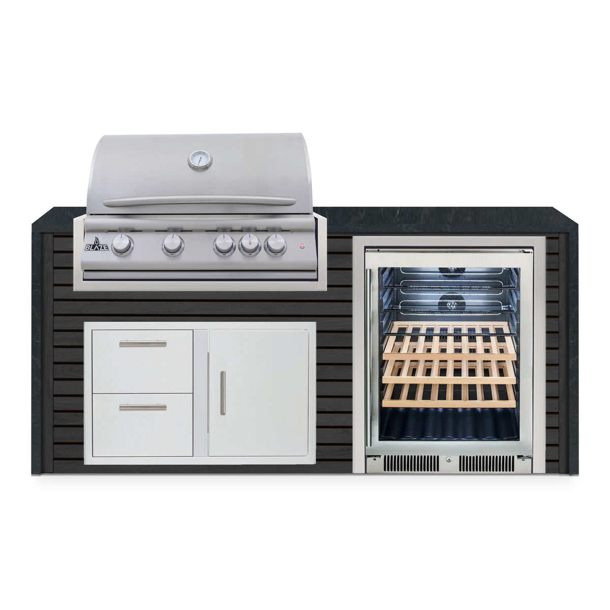 Front view of the Cindered Ash and Charred Onyx 6 ft island with Blaze grill, door and drawer combo and beverage cooler