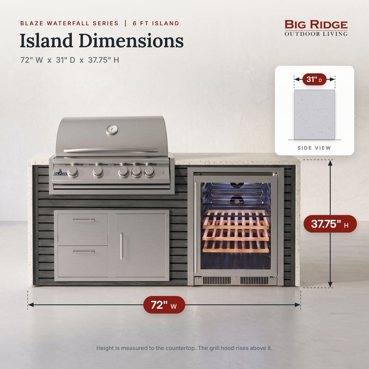 6 ft outdoor kitchen measures 72 inches wide, 31 inches deep and 37.75 inches high to the countertop