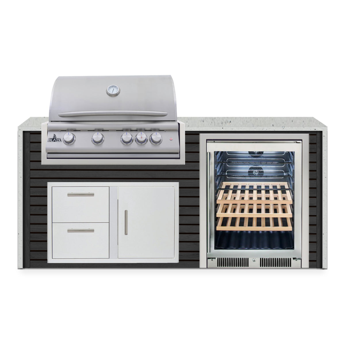 Front view of the Cindered Ash and Frosted Ember 6 ft island with Blaze grill, door and drawer combo and beverage cooler