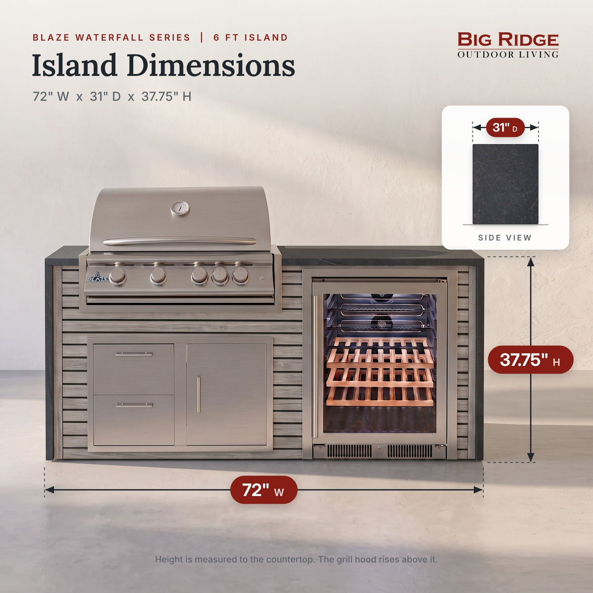 6 ft outdoor kitchen measures 72 inches wide, 31 inches deep and 37.75 inches high to the countertop