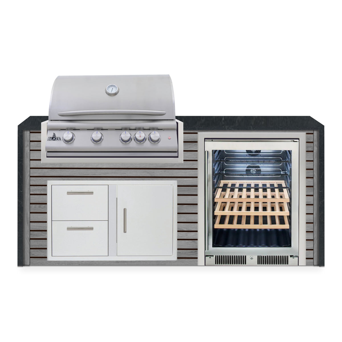 Front view of the Drifted Cypress and Charred Onyx 6 ft island with Blaze grill, door and drawer combo and beverage cooler