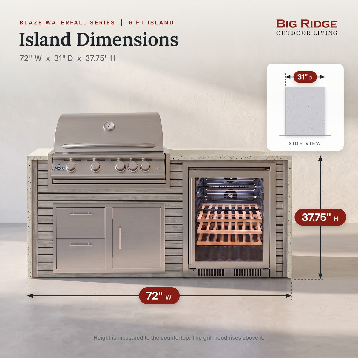 6 ft outdoor kitchen measures 72 inches wide, 31 inches deep and 37.75 inches high to the countertop