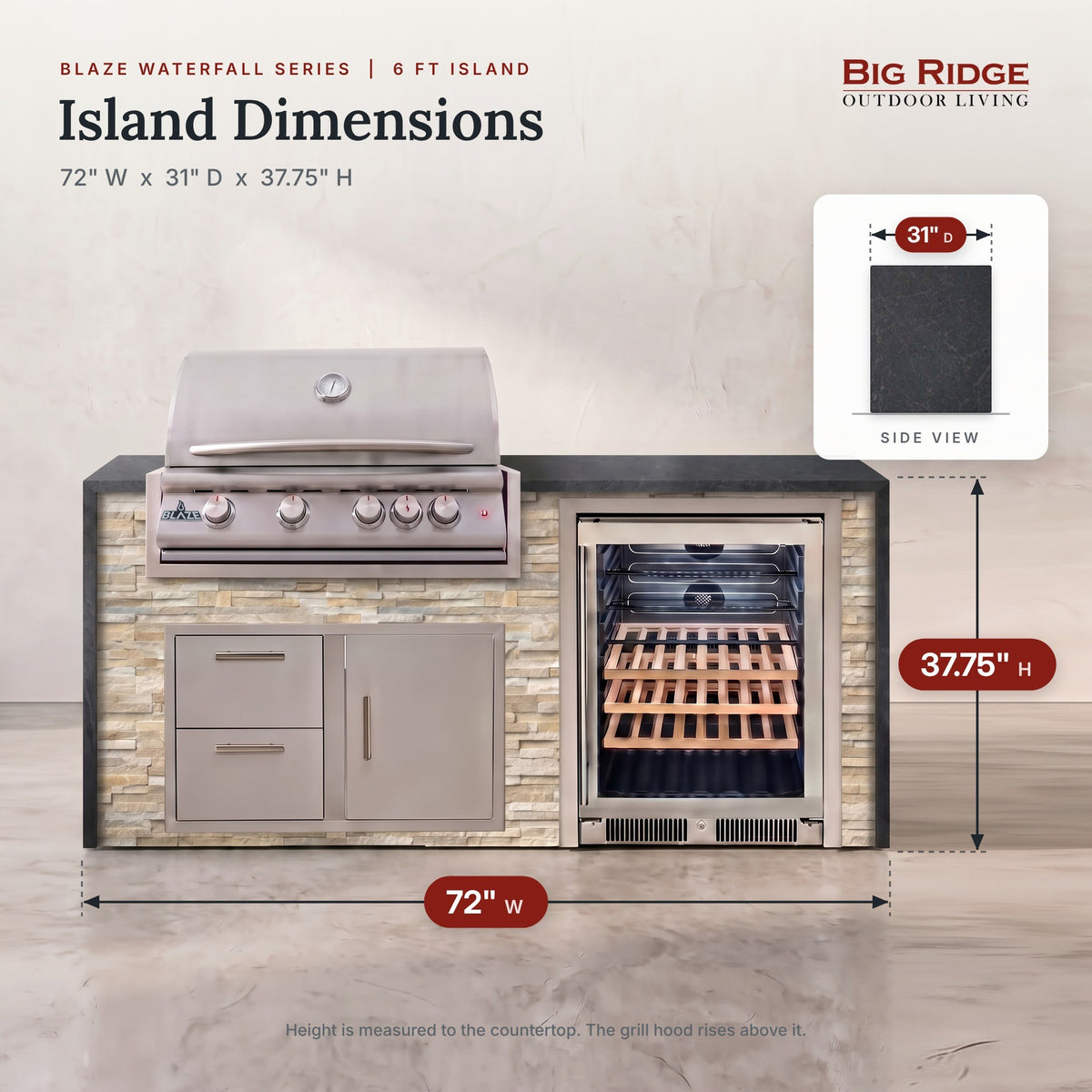 6 ft outdoor kitchen measures 72 inches wide, 31 inches deep and 37.75 inches high to the countertop