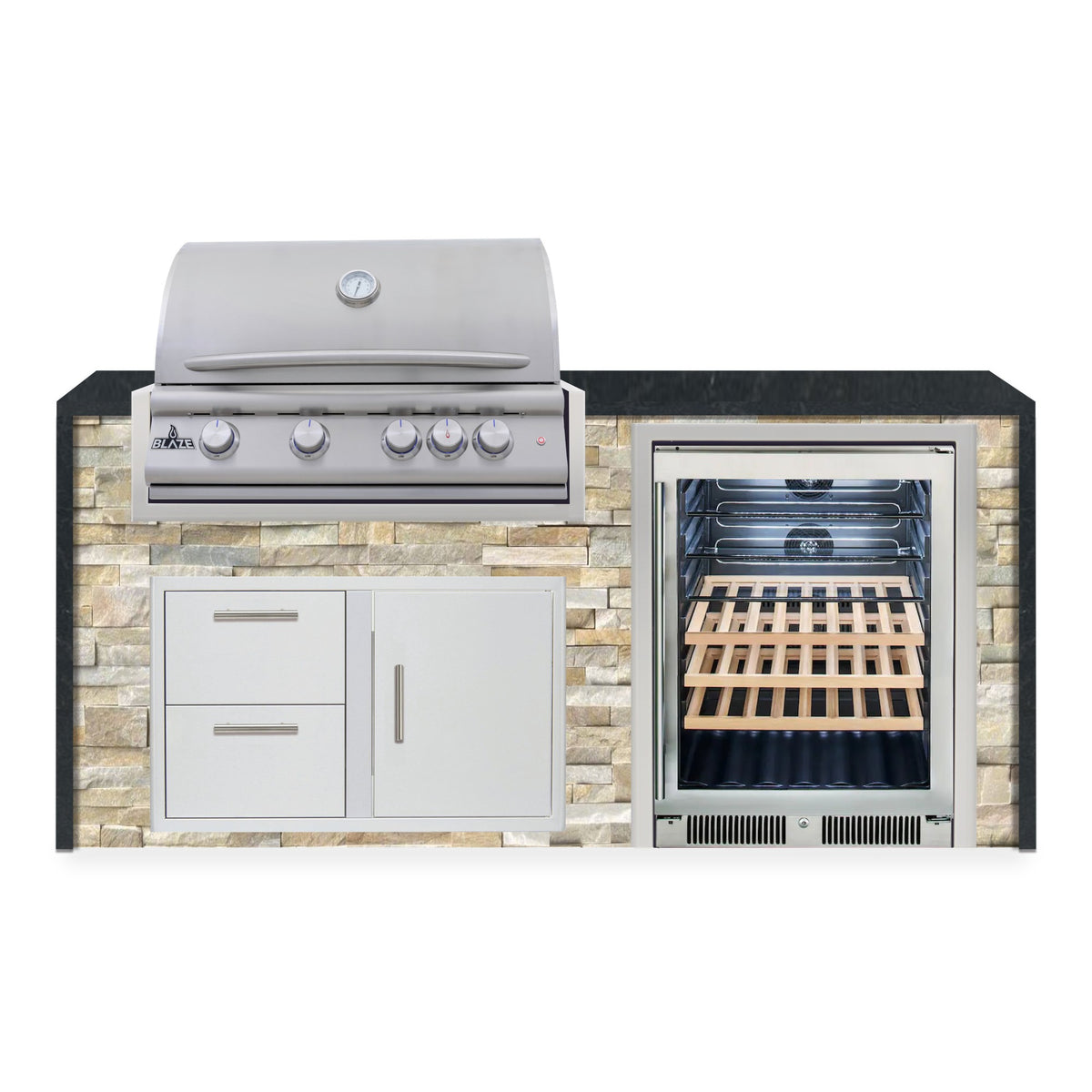 Front view of the Sunkissed Dune and Charred Onyx 6 ft island with Blaze grill, door and drawer combo and beverage cooler