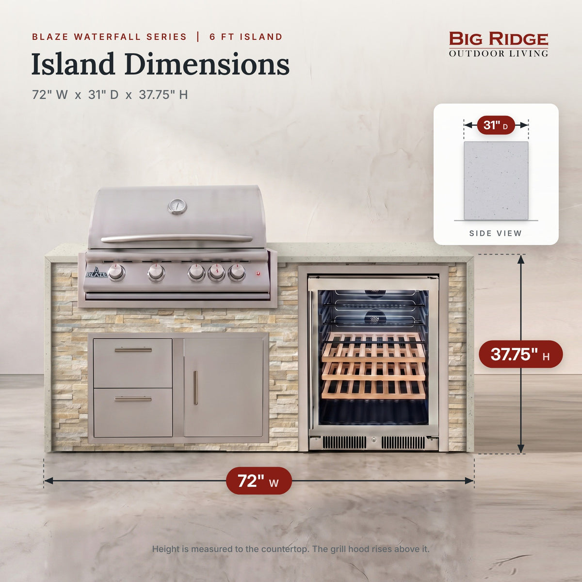 6 ft outdoor kitchen measures 72 inches wide, 31 inches deep and 37.75 inches high to the countertop