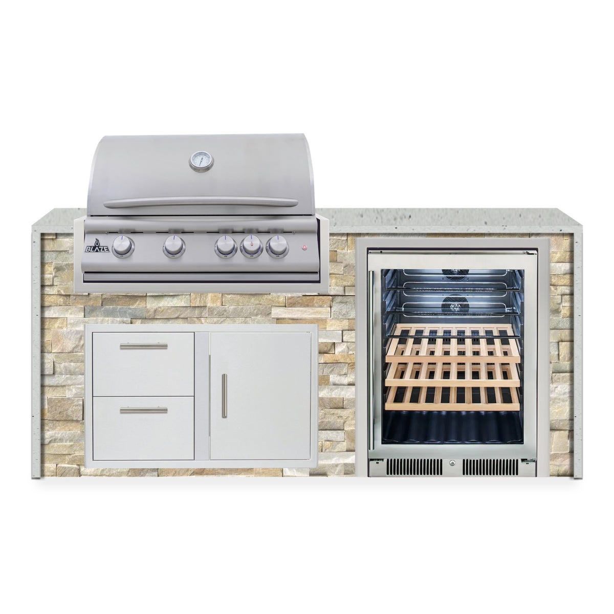 Front view of the Sunkissed Dune and Frosted Ember 6 ft island with Blaze grill, door and drawer combo and beverage cooler