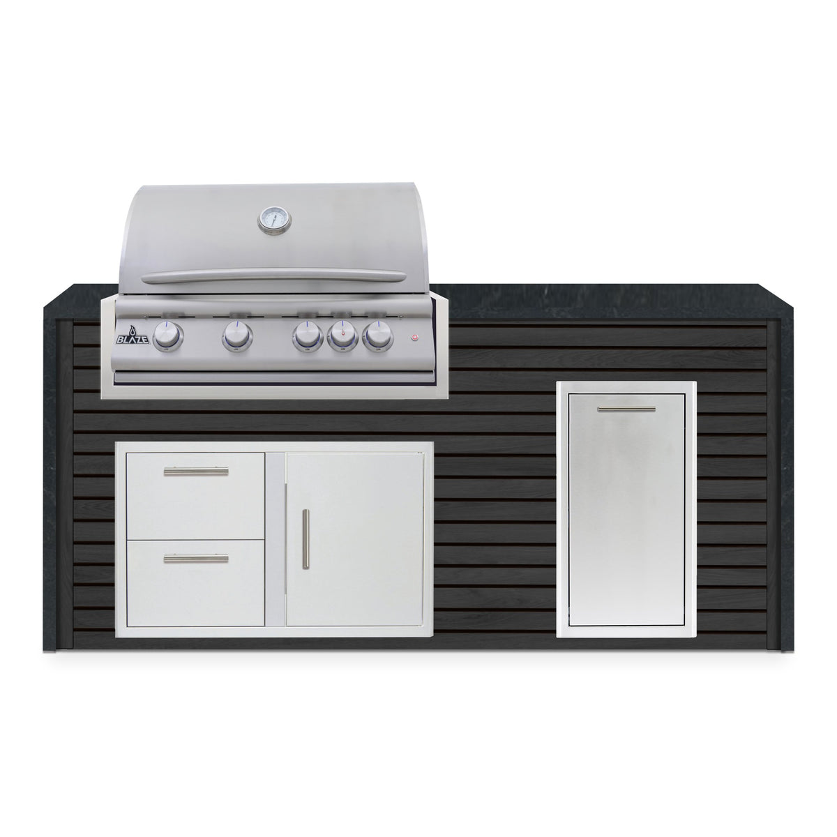 Front view of the Cindered Ash and Charred Onyx 6 ft island with Blaze grill, door and drawer combo and roll out trash drawer