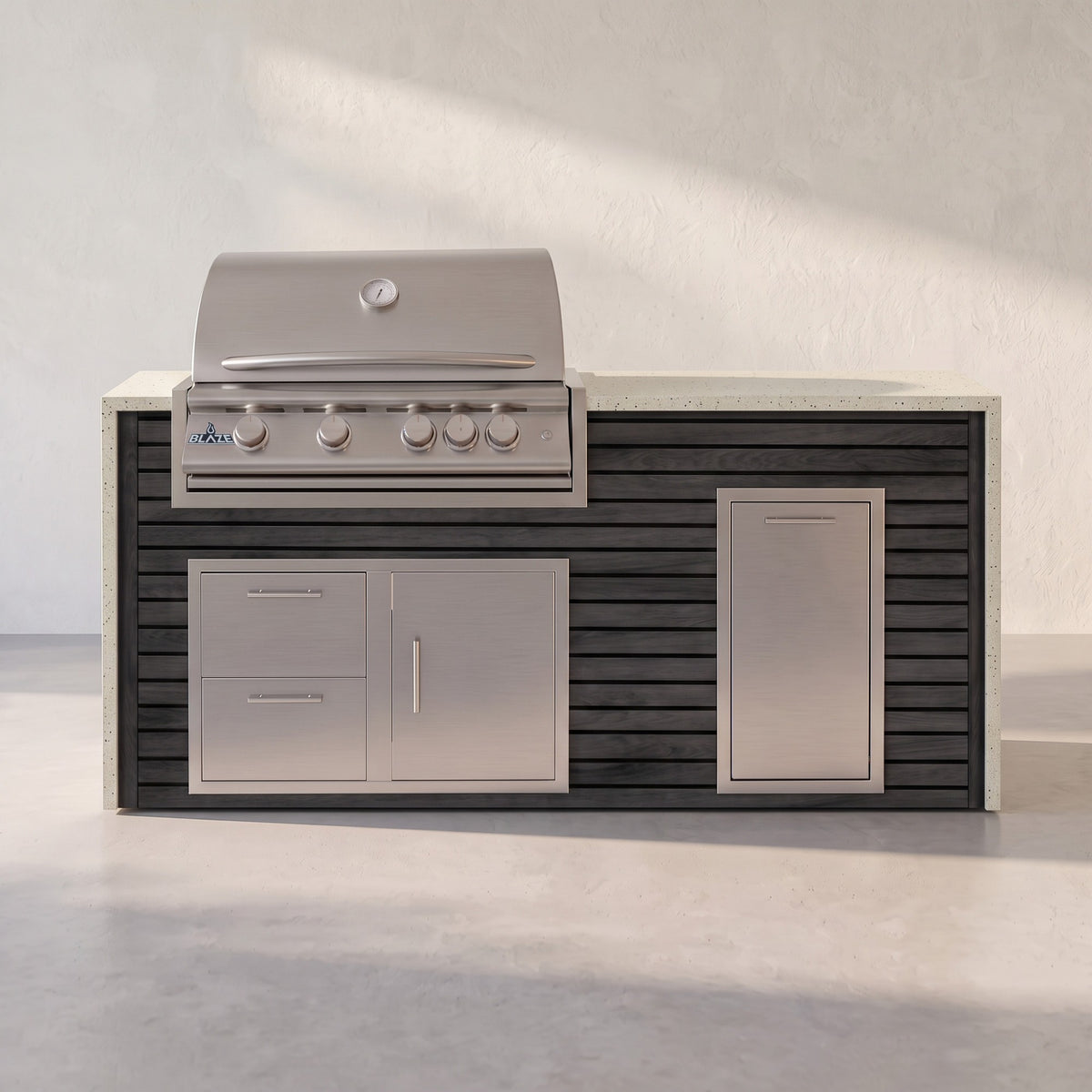 Big Ridge 6 ft Blaze waterfall outdoor kitchen with trash drawer in Cindered Ash Artisan Plank with Frosted Ember granite