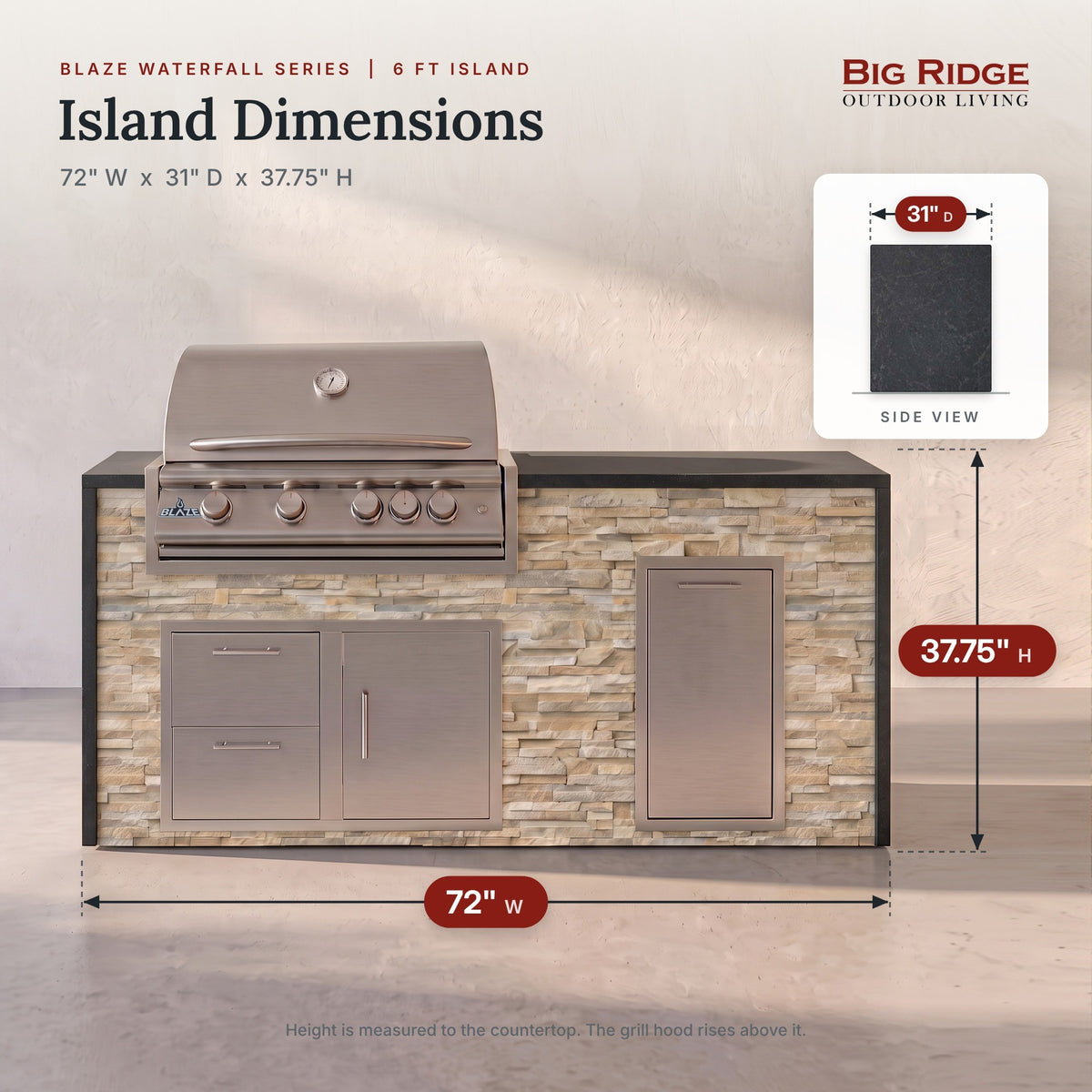 6 ft grill island measures 72 inches wide, 31 inches deep and 37.75 inches high to the countertop