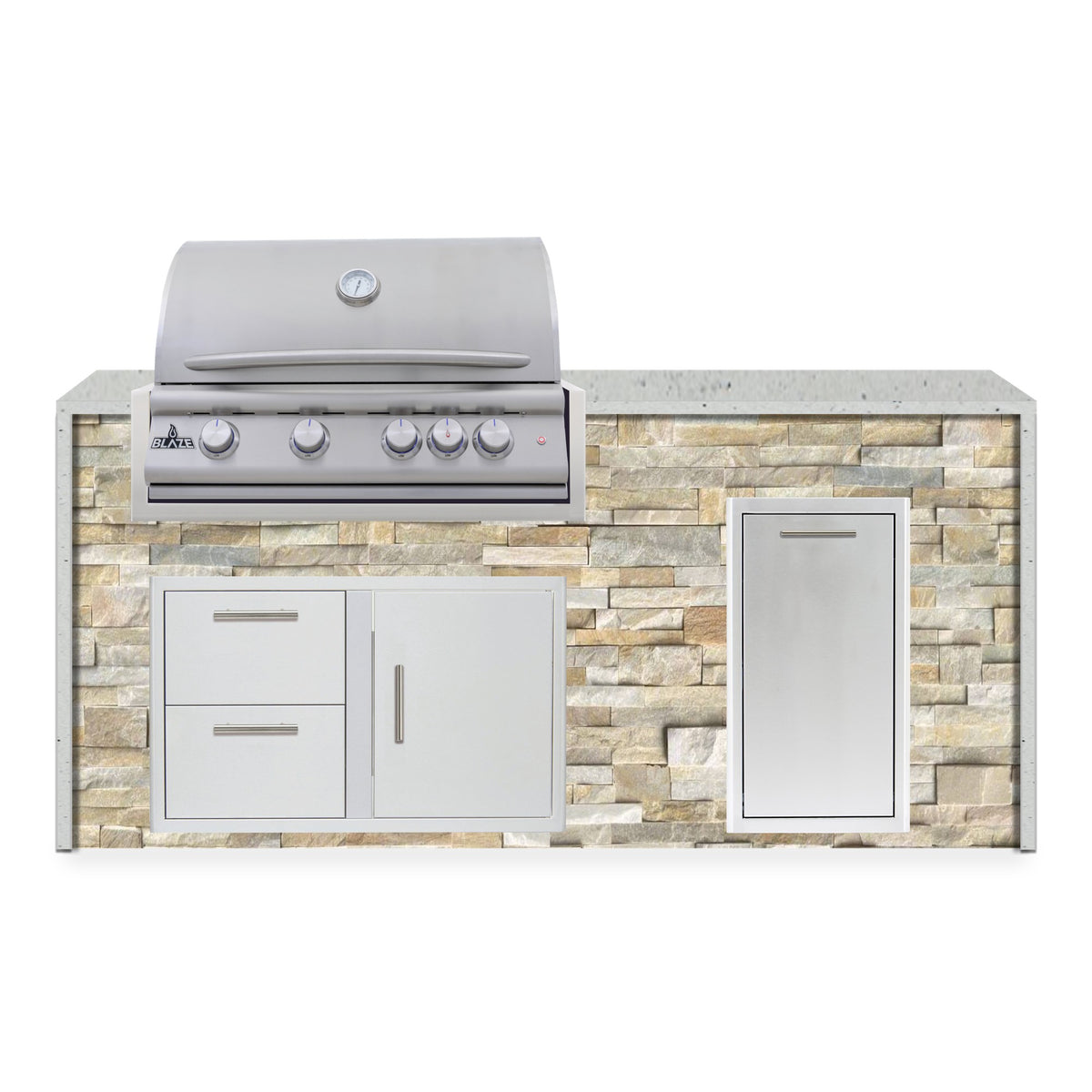 Front view of the Sunkissed Dune and Frosted Ember 6 ft island with Blaze grill, door and drawer combo and roll out trash drawer