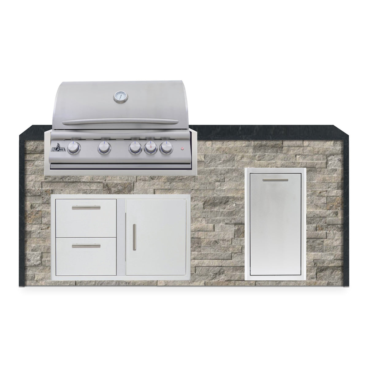 Front view of the Tuscan Hearth and Charred Onyx 6 ft island with Blaze grill, door and drawer combo and roll out trash drawer