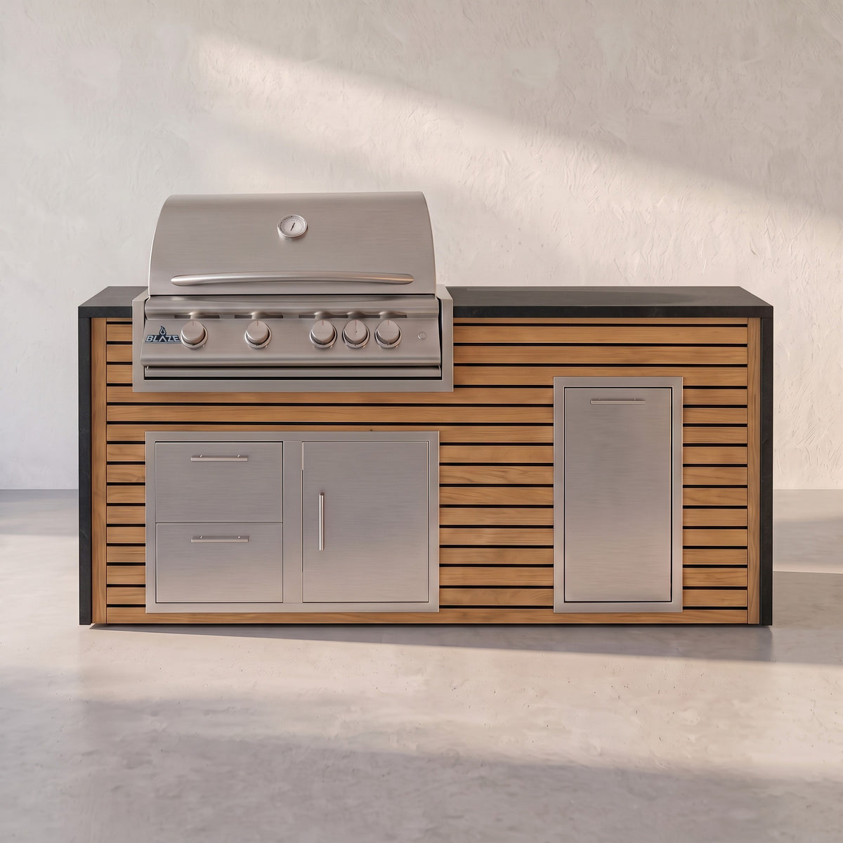 Big Ridge 6 ft Blaze waterfall outdoor kitchen with trash drawer in Warmed Acacia Artisan Plank with Charred Onyx granite