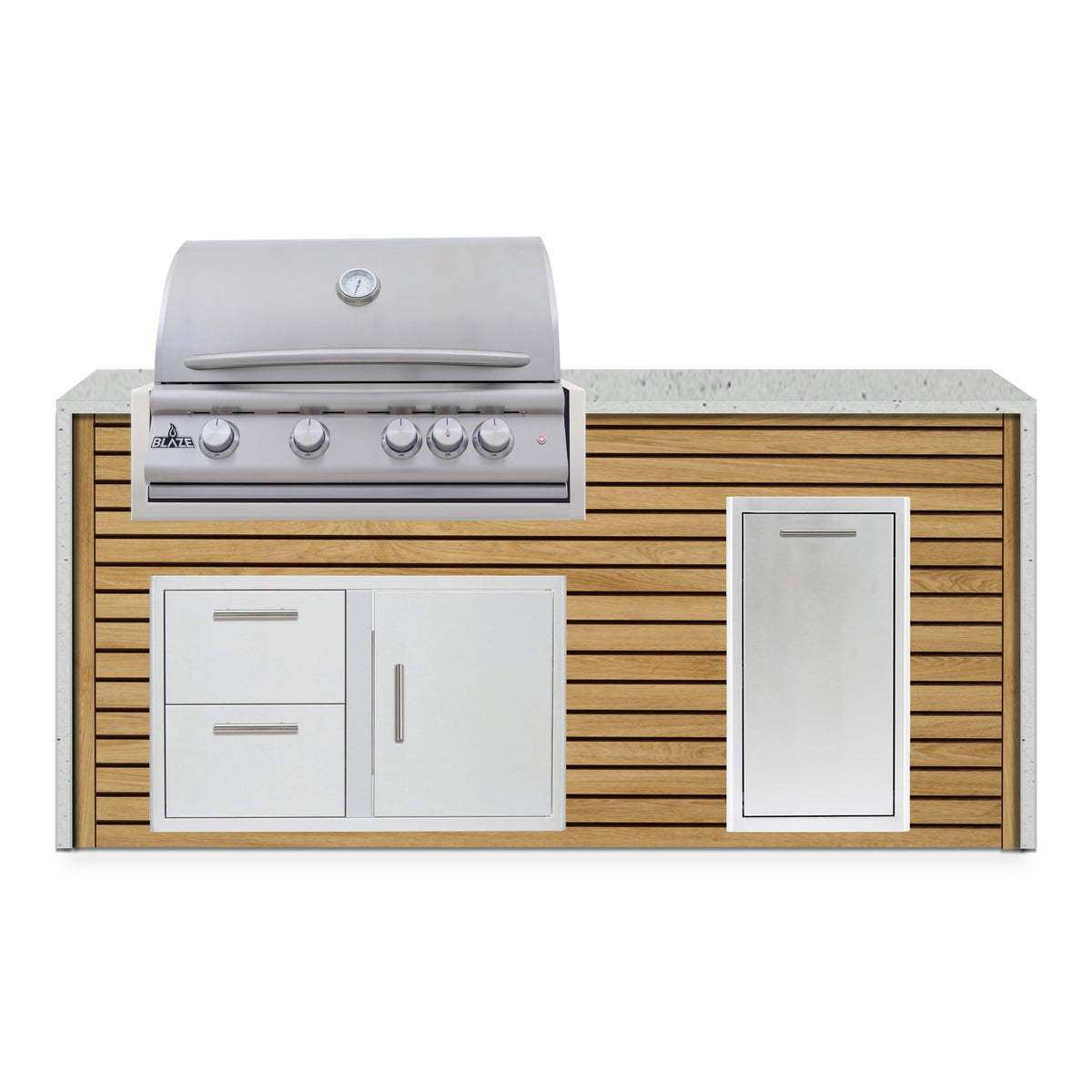 Front view of the Warmed Acacia and Frosted Ember 6 ft island with Blaze grill, door and drawer combo and roll out trash drawer