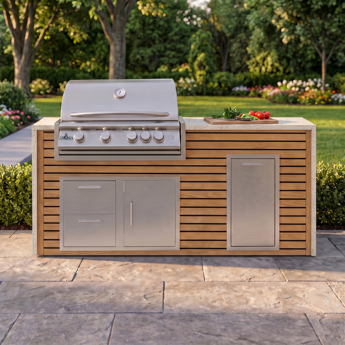 Warmed Acacia grill island with Frosted Ember granite top and a cutting board of fresh tomatoes on a paver patio facing the lawn