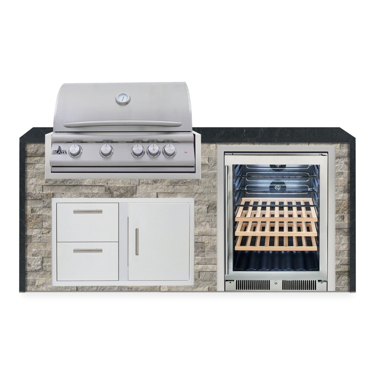 Front view of the Tuscan Hearth and Charred Onyx 6 ft island with Blaze grill, door and drawer combo and beverage cooler