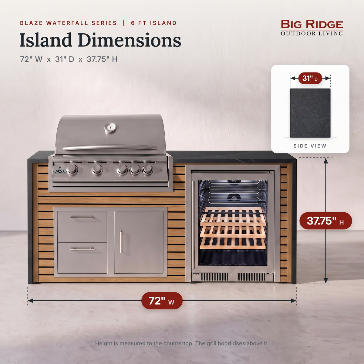 6 ft outdoor kitchen measures 72 inches wide, 31 inches deep and 37.75 inches high to the countertop