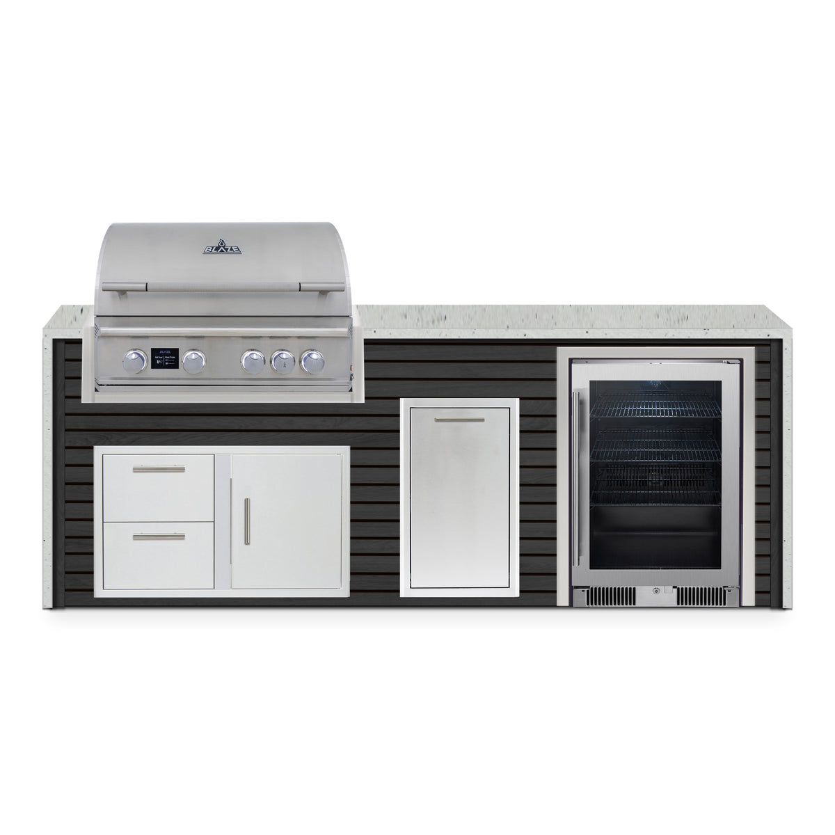 Front view of the Cindered Ash and Frosted Ember 8 ft island with Blaze grill, door and drawer combo, trash drawer and beverage cooler