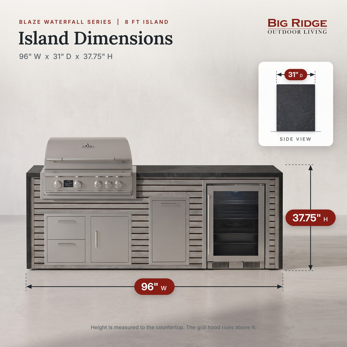 8 ft outdoor kitchen with cooler measures 96 inches wide, 31 inches deep and 37.75 inches high to the countertop