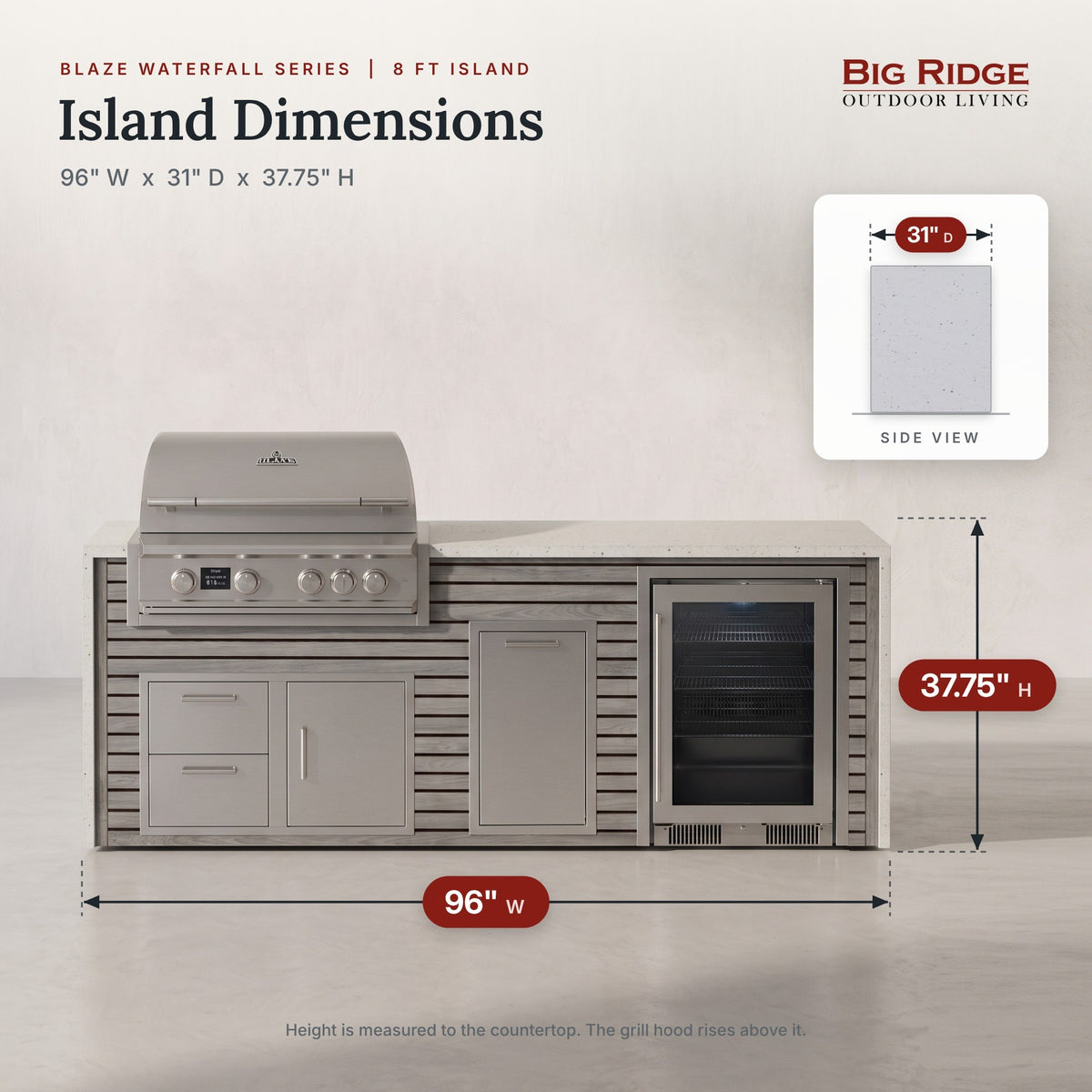 8 ft outdoor kitchen with cooler measures 96 inches wide, 31 inches deep and 37.75 inches high to the countertop