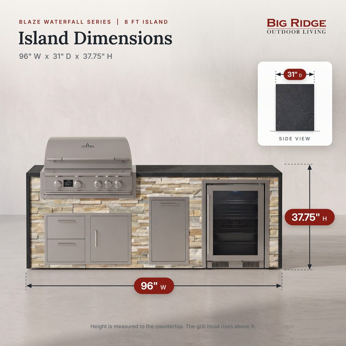 8 ft outdoor kitchen with cooler measures 96 inches wide, 31 inches deep and 37.75 inches high to the countertop