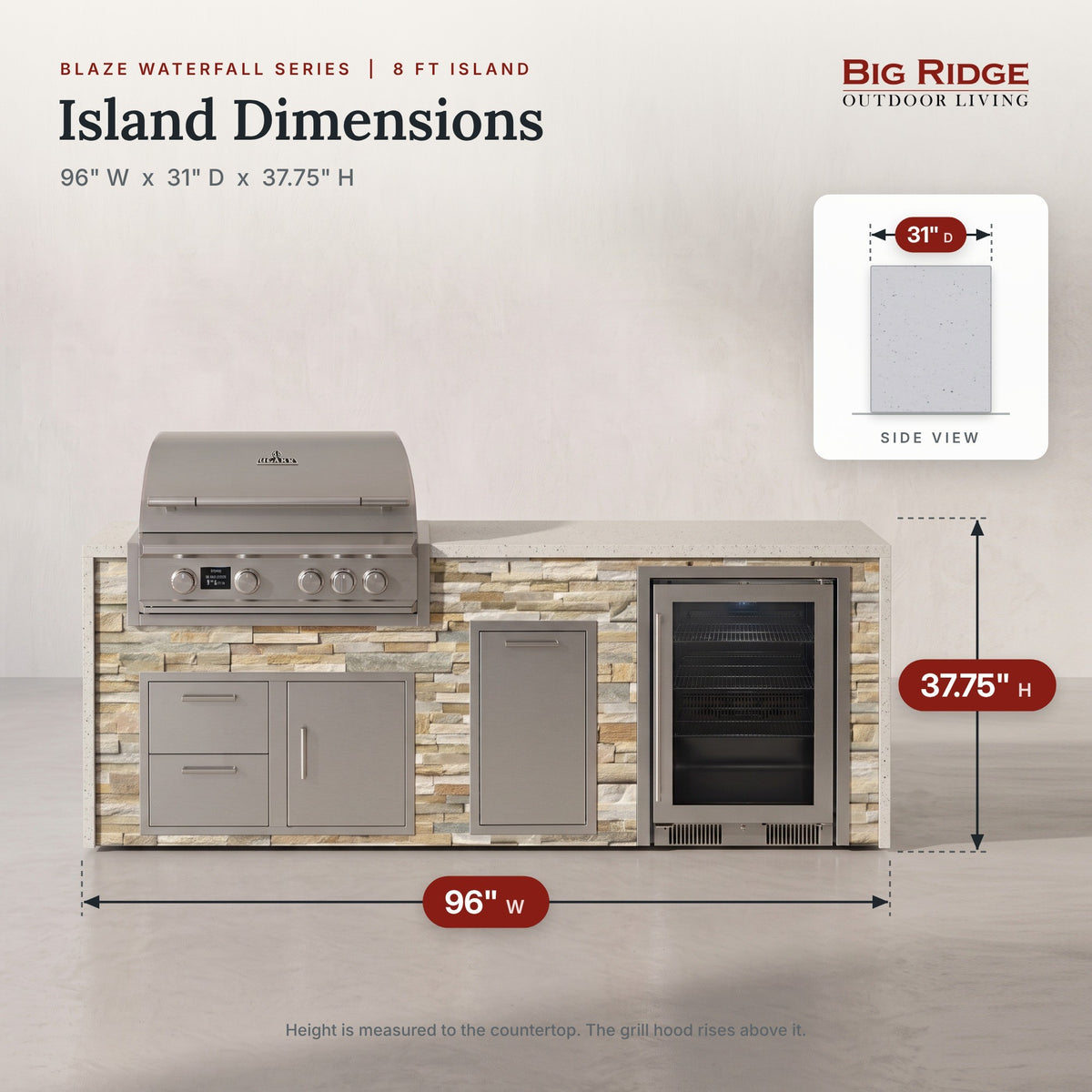8 ft outdoor kitchen with cooler measures 96 inches wide, 31 inches deep and 37.75 inches high to the countertop