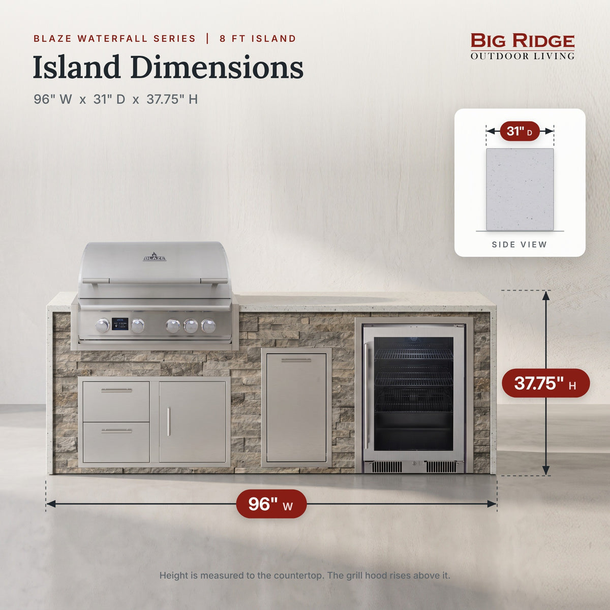 8 ft outdoor kitchen with cooler measures 96 inches wide, 31 inches deep and 37.75 inches high to the countertop