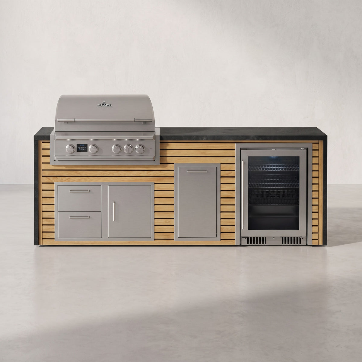 Big Ridge 8 ft Blaze waterfall outdoor kitchen with beverage cooler in Warmed Acacia Artisan Plank with Charred Onyx granite