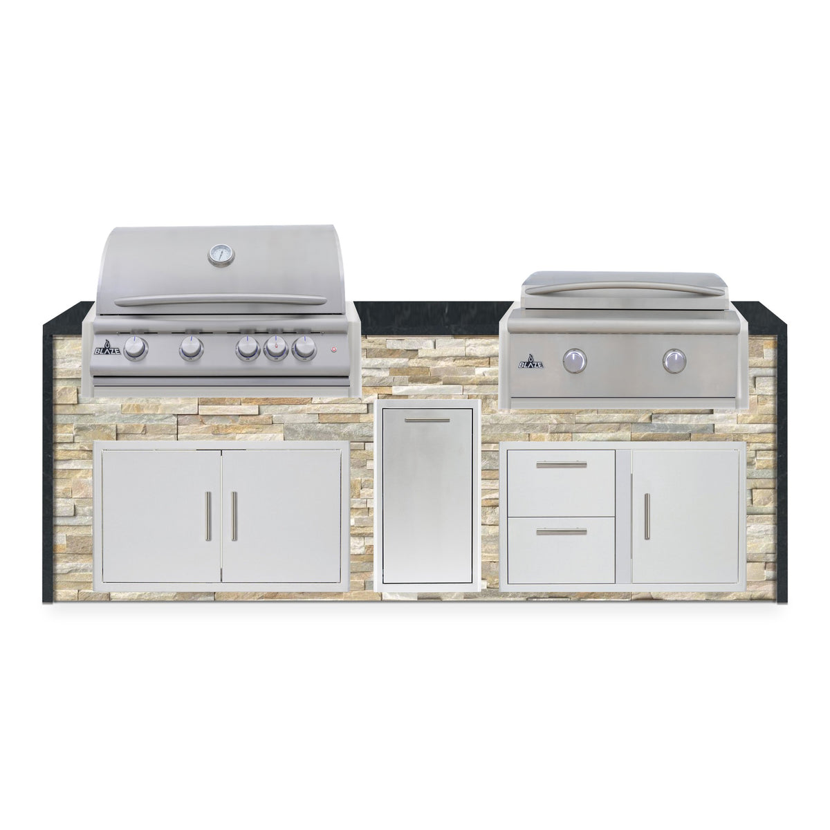 Front view of the Sunkissed Dune and Charred Onyx 8 ft island with Blaze grill and griddle over double doors, a trash drawer and a door and drawer combo