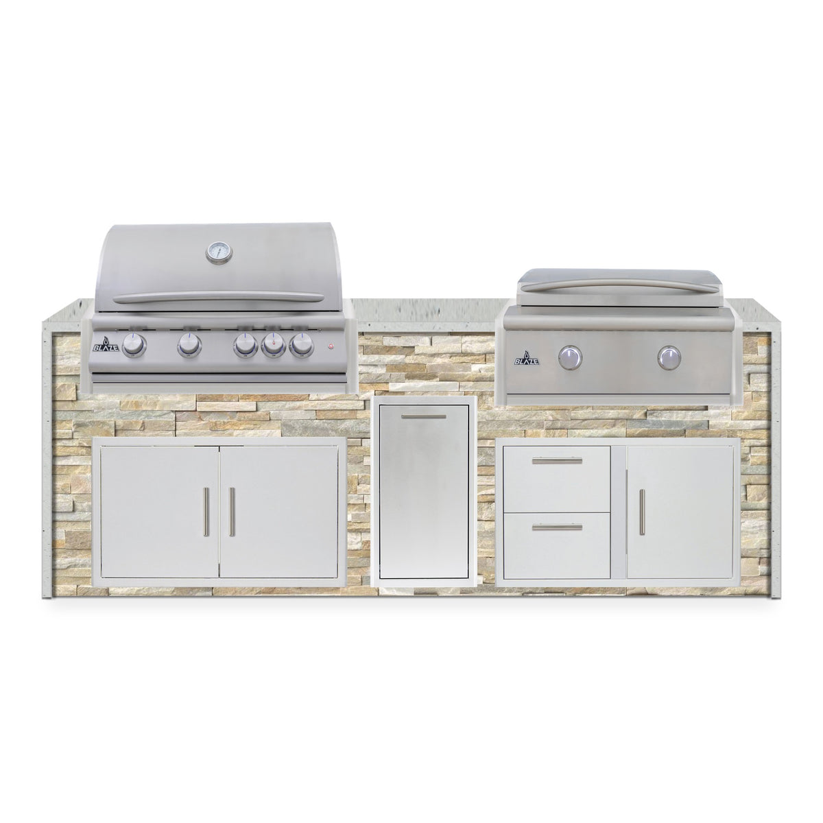 Front view of the Sunkissed Dune and Frosted Ember 8 ft island with Blaze grill and griddle over double doors, a trash drawer and a door and drawer combo