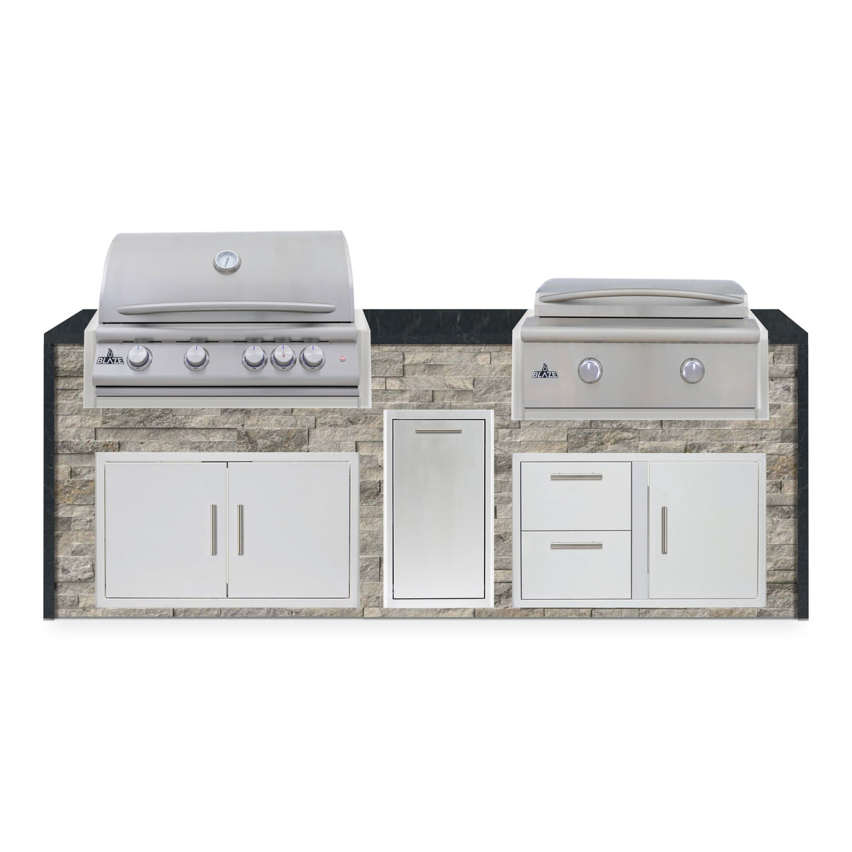 Front view of the Tuscan Hearth and Charred Onyx 8 ft island with Blaze grill and griddle over double doors, a trash drawer and a door and drawer combo
